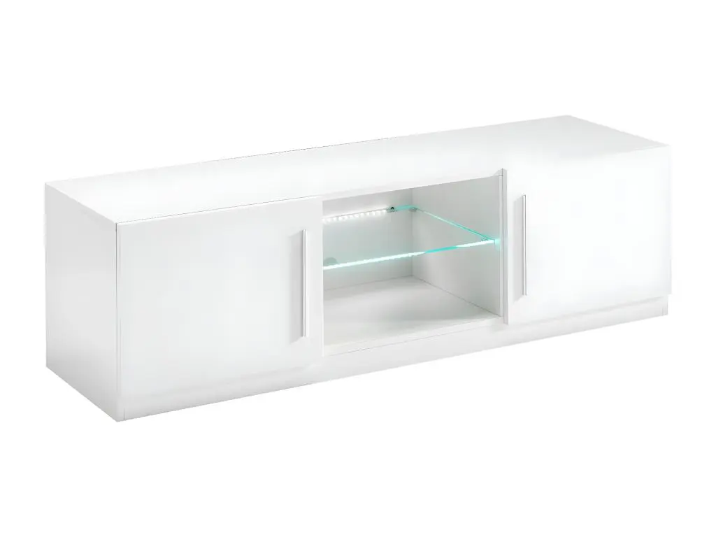 CLARK - Meuble TV 2 Portes Moderne Laqué Blanc avec Leds
