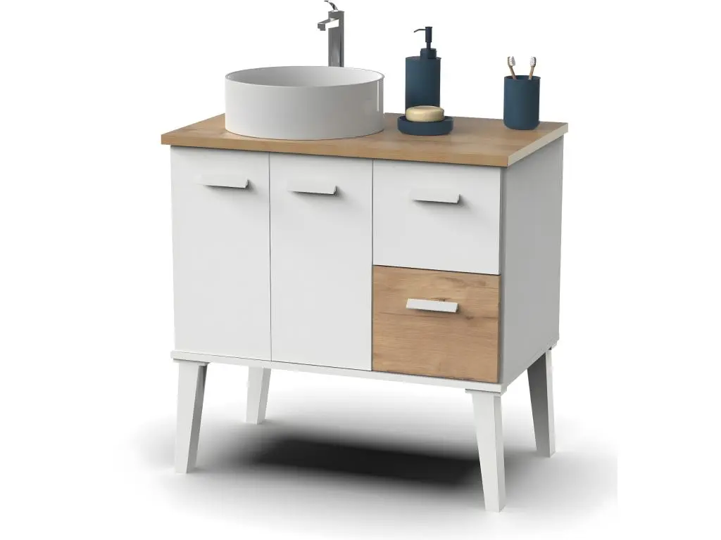 Meuble vasque pour salle de bain coloris blanc, chêne - L. 82 x L. 50 x H. 92 cm