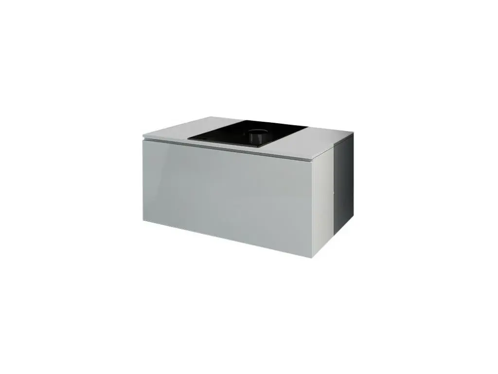 Meuble sous vasque suspendu collection OWL, coloris blanc mat et brillant + plaque en verre noir, idéal pour une salle de bain