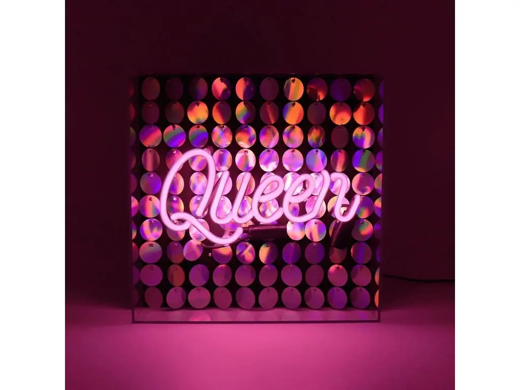 Caisson lumineux rose fluo avec paillettes "Queen
