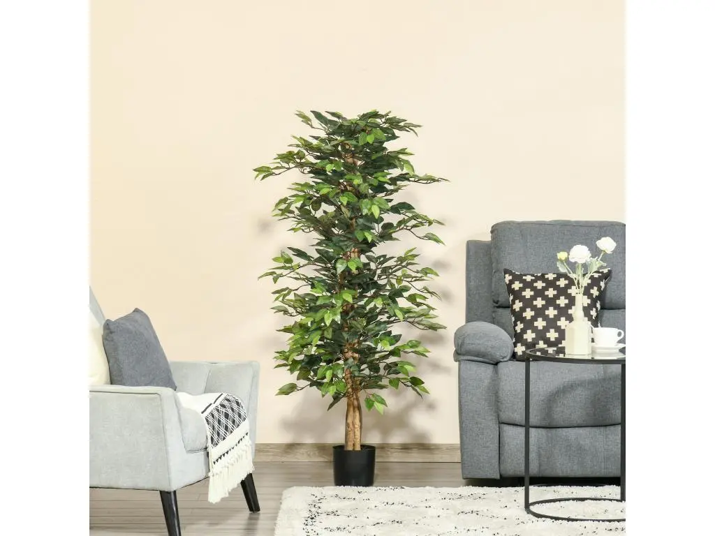 Arbre artificiel plante artificiel ficus hauteur 1,5 m tronc branches liane lichen feuilles grand réalisme pot inclus