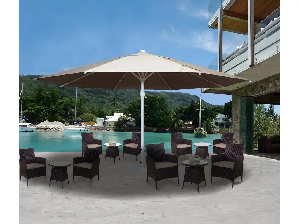 Parasol Meran II, gastronomie, parasol pour marché, 5m, poteau alu blanc 28 kg -crème-beige sans support