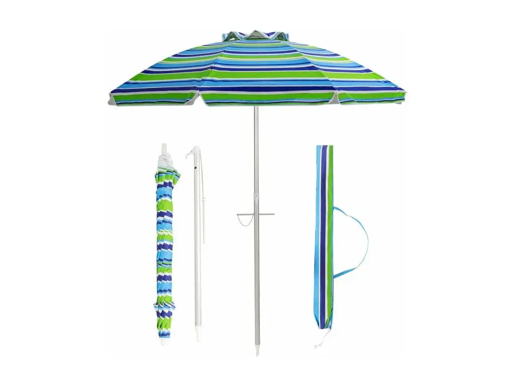 Parasol de plage inclinable ø198 cm protection uv 50+ avec bouton poussoir et sac de transport