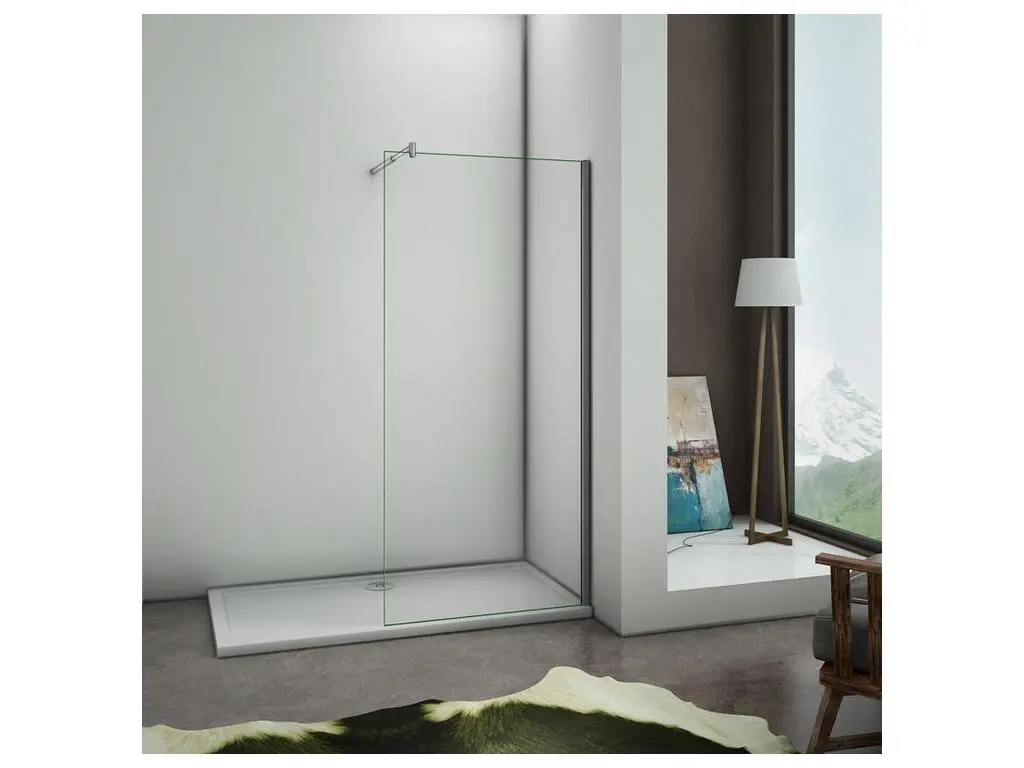 Paroi de douche 110x200cm avec barre de fixation 70-120cm en cylindrique, profilé en chromé, paroi de douche à l'italienne en 8mm verre anticalcaire et securit