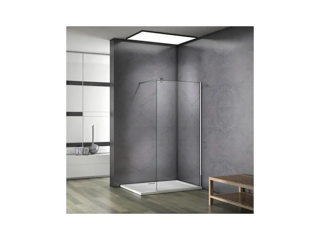 Paroi de douche 110x200cm verre 10mm avec barre de fixation 90cm en carré, paroi de douche à l'italienne en verre securit anticalcaire