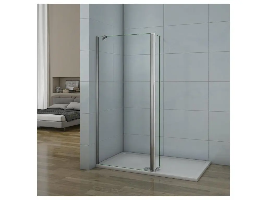 Paroi de douche 30+30x200cm avec barre de fixation d'angle 45cm, verre 8mm anticalcaire, paroi de douche à l'italienne avec retour pivotant 30cm