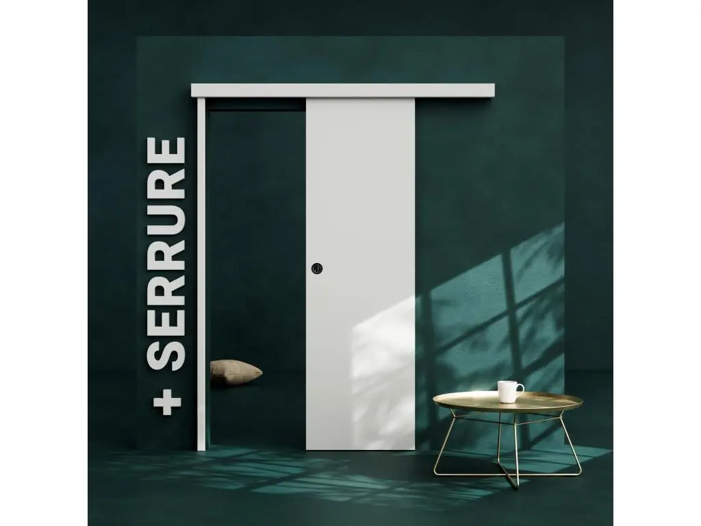 Porte Coulissante avec Rail + Serrure - Prépeinte Plane 63 cm