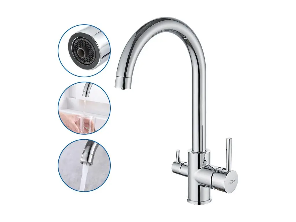 Auralum max Mitigeur de Cuisine 3 Voies,Robinet Cuisine Pivotant à 360°,Robinetterie Cuisine Eau Potable,avec Sortie Eau Filtrée,Acier Inoxydable