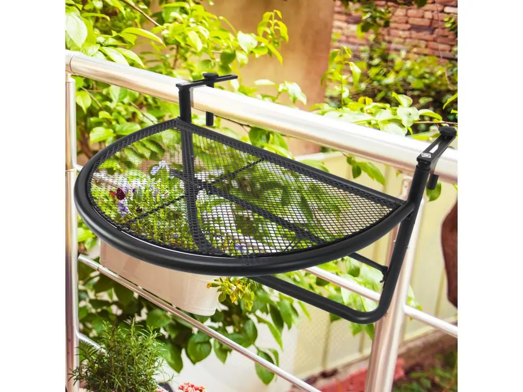 Table suspendue pour balcon dim. 60L x 45l cm hauteur réglable 3 niveaux métal époxy noir