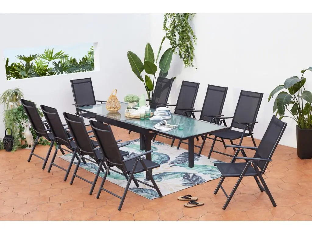Brescia 10 : Ensemble de jardin en aluminium table extensible + 10 fauteuils en textilène