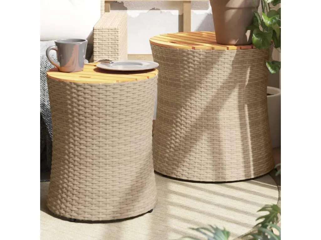 vidaxl Tables d'appoint de jardin 2pcs dessus en bois beige poly rotin