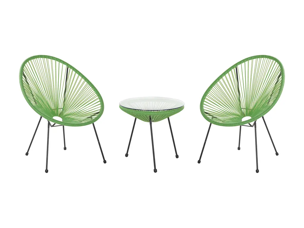 2 fauteuils spaghetti vert et table pour intérieur et extérieur ACAPULCO II
