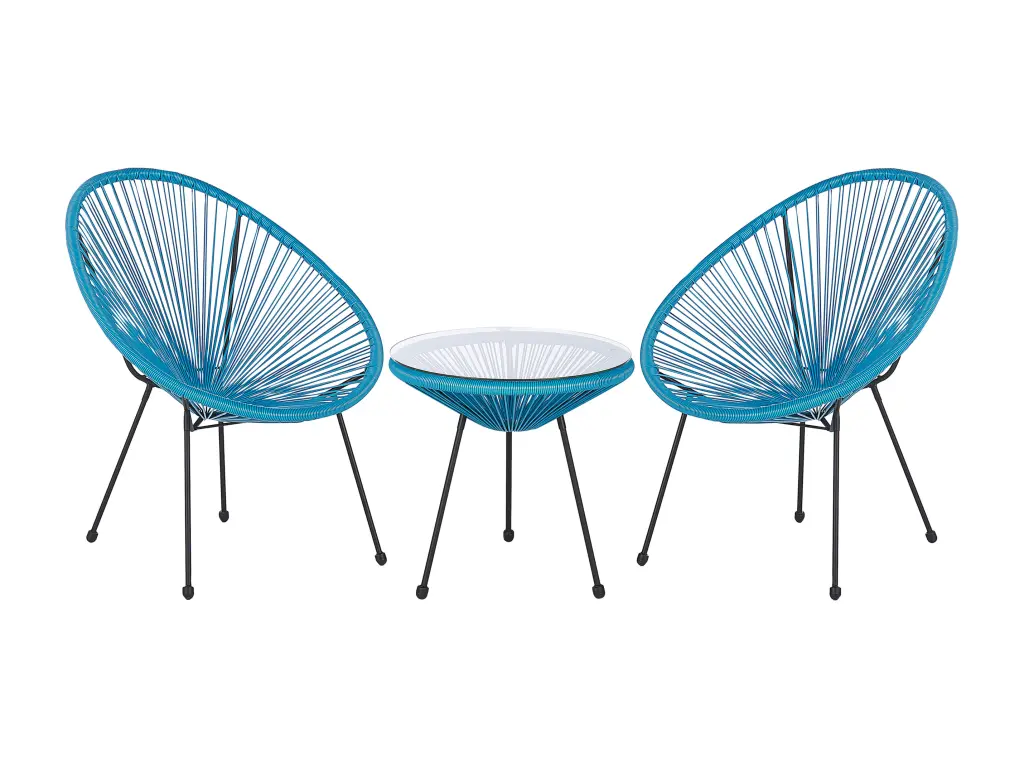 2 fauteuils spaghetti en rotin bleu et table pour intérieur et extérieur ACAPULCO II