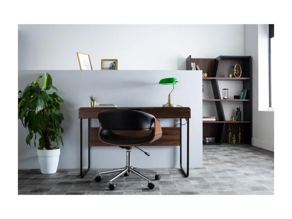 Chaise de bureau à roulettes design noir, bois clair et acier chromé ARAMIS