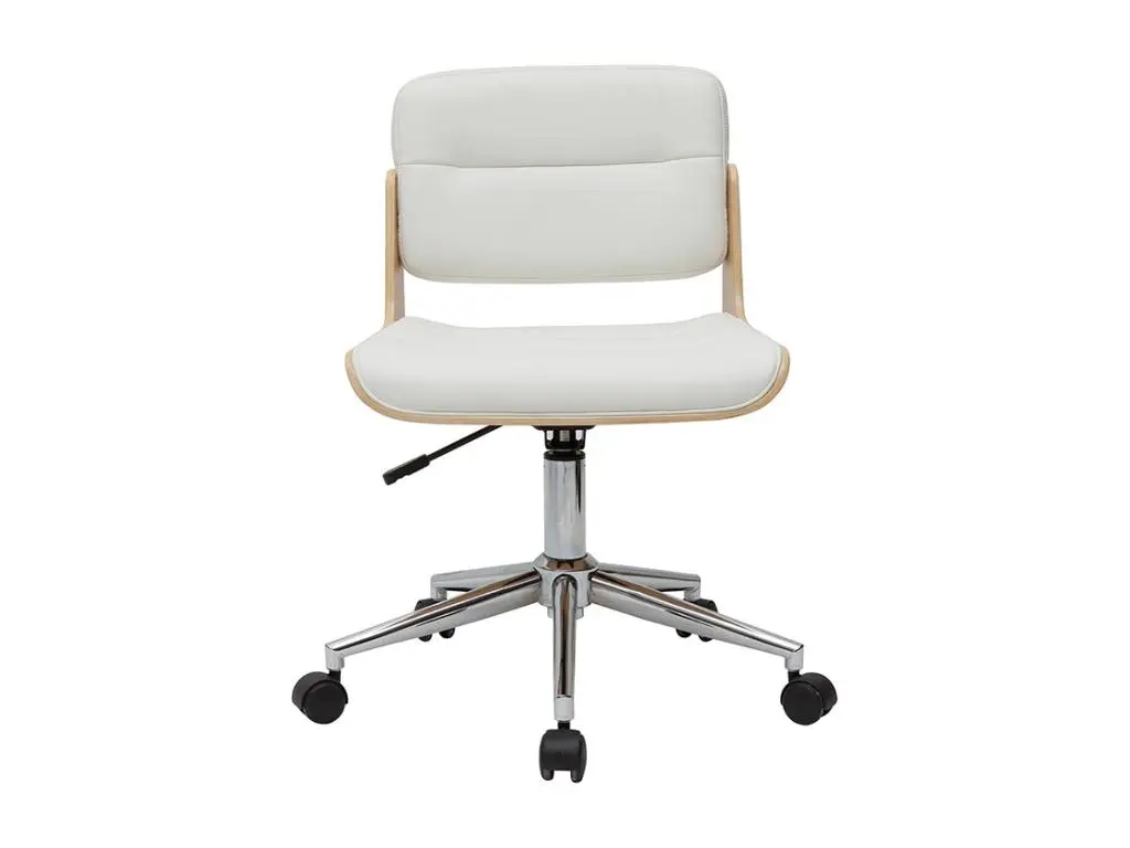 Chaise de bureau à roulettes design blanc, bois clair et acier chromé ARAMON