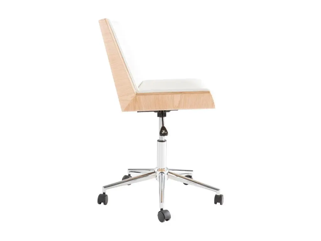 Chaise de bureau à roulettes design blanc, bois clair et acier chromé MELKIOR
