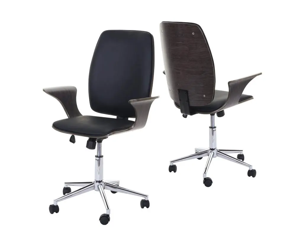 Chaise de bureau HWC-C54, bois courbé, chaise pivotante, similicuir - design bois de noyer, tissu noir