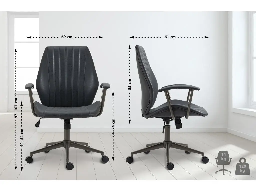 Chaise de bureau - Similicuir & Métal noir mat - Noir antique - Nampa