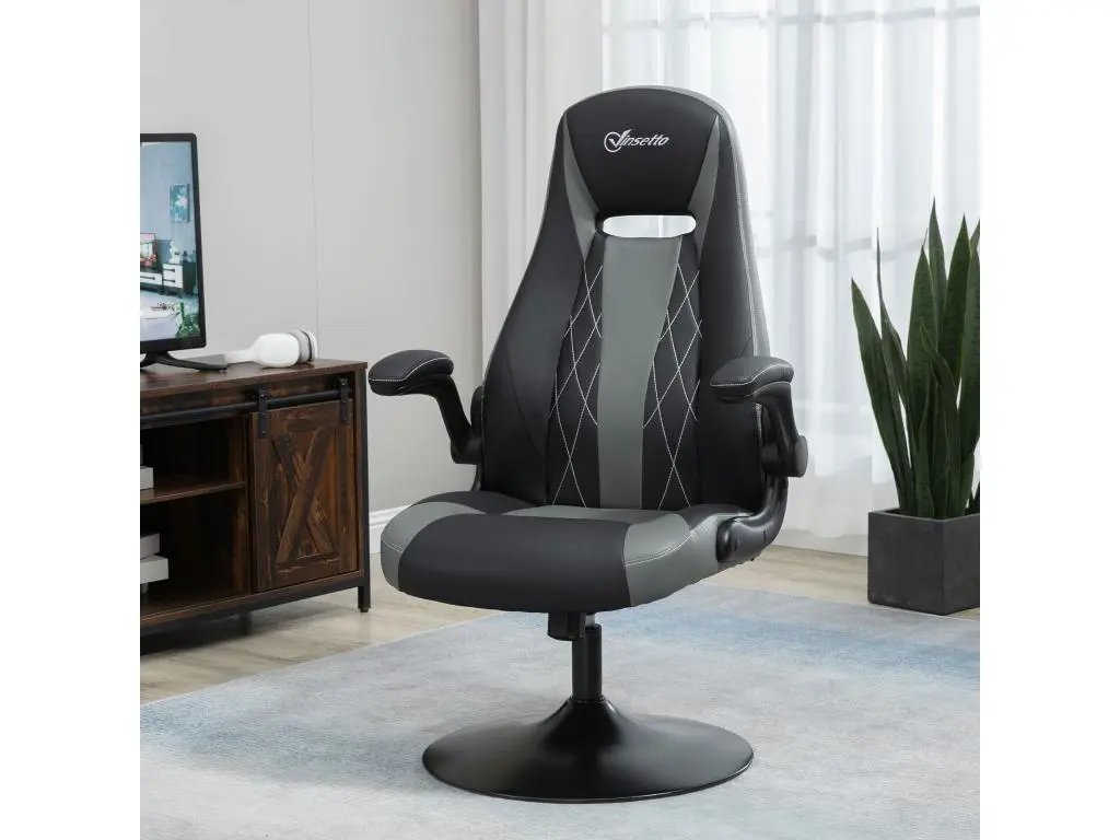 Fauteuil gaming base ronde métal pivotante 360° hauteur réglable fonction dossier bascule accoudoirs relevables PU gris noir
