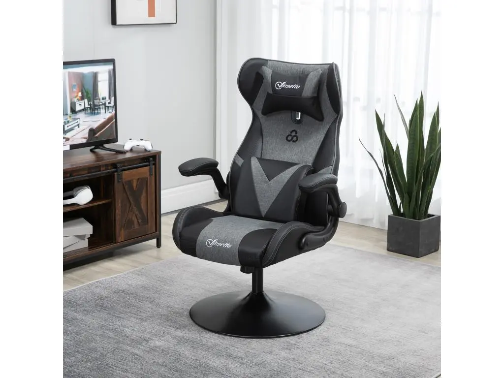 Fauteuil gaming base ronde métal pivotante 360° hauteur réglable tétière coussin lombaires accoudoirs relevables PU tissu gris noir