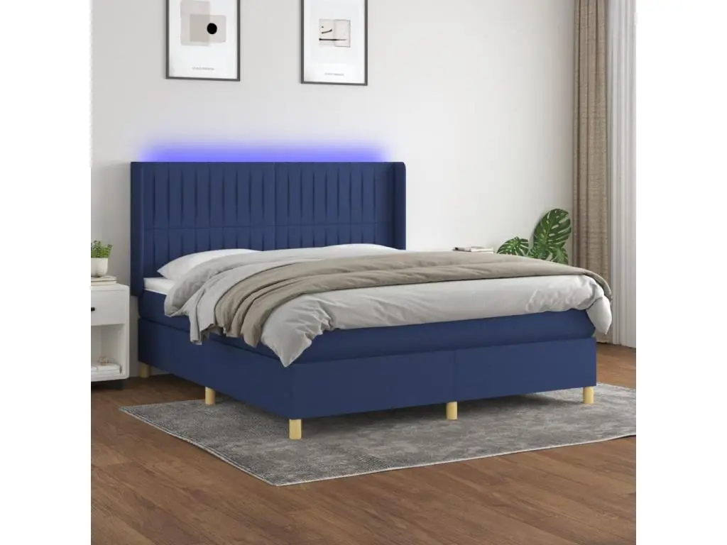 Clicnbuy Sommier tapissier avec matelas et LED Bleu 180x200 cm Tissu
