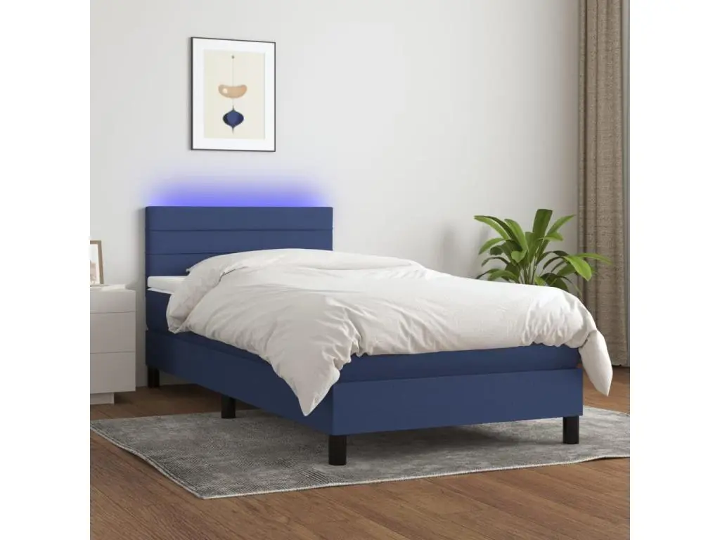 Clicnbuy Sommier tapissier avec matelas et LED Bleu 100x200 cm Tissu