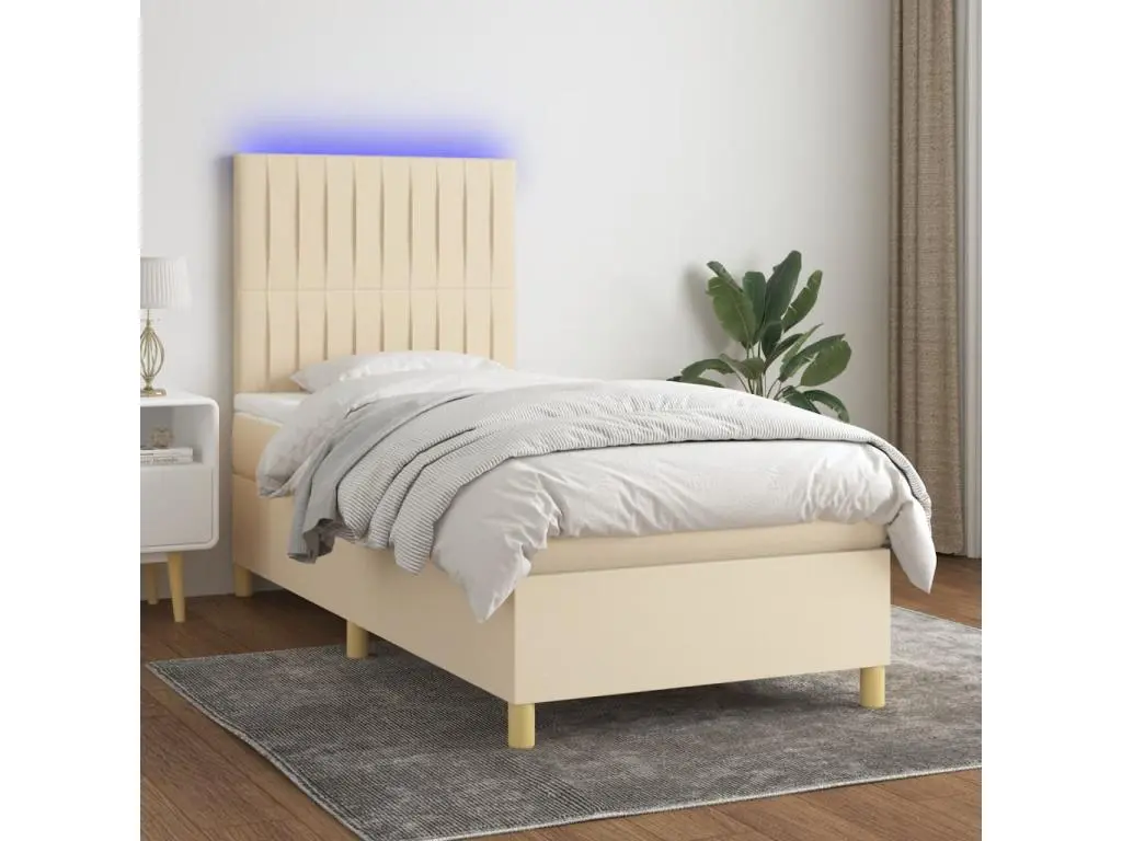 Clicnbuy Sommier tapissier avec matelas et LED Crème 100x200 cm Tissu