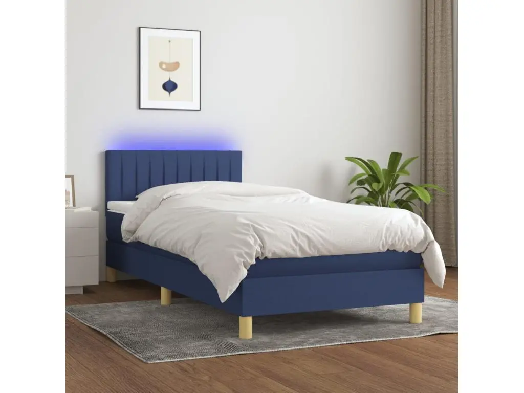 Clicnbuy Sommier tapissier avec matelas et LED Bleu 80x200cm Tissu