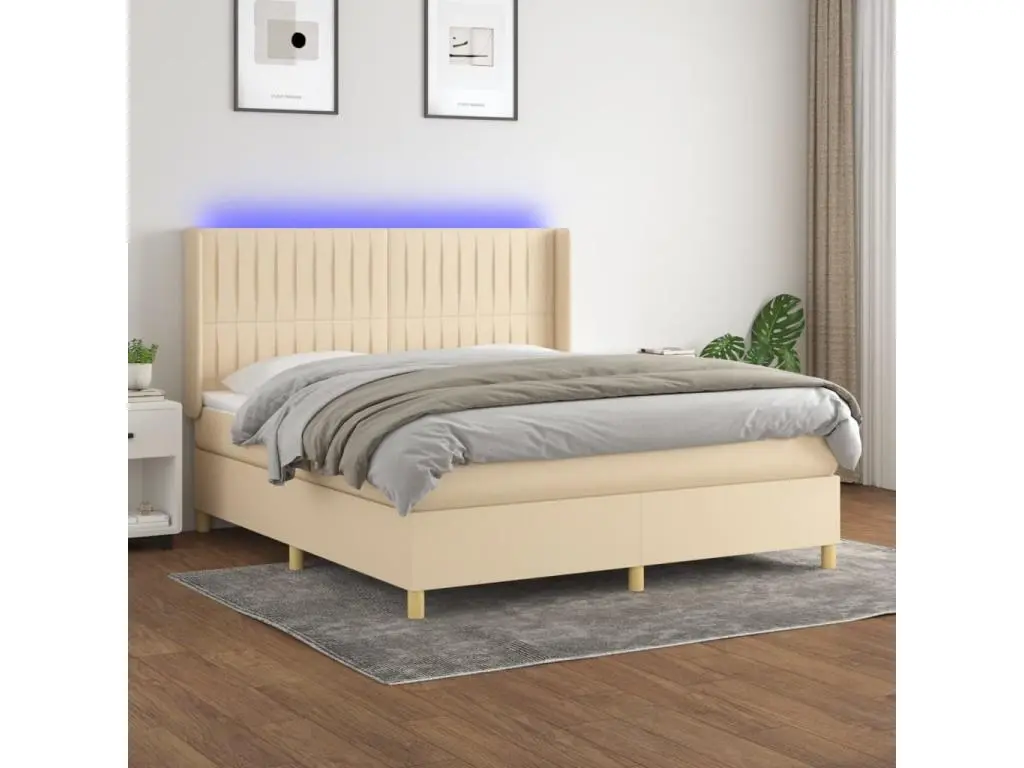 Clicnbuy Sommier tapissier avec matelas et LED Crème 160x200 cm Tissu