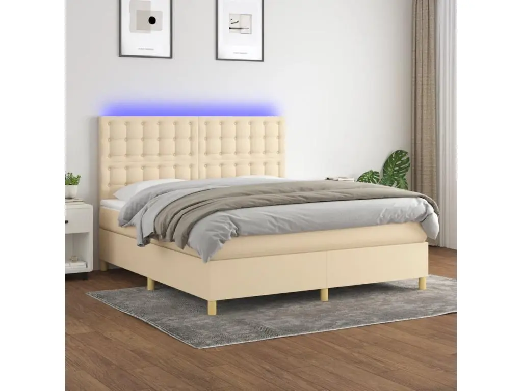 Clicnbuy Sommier tapissier avec matelas et LED Crème 160x200 cm Tissu
