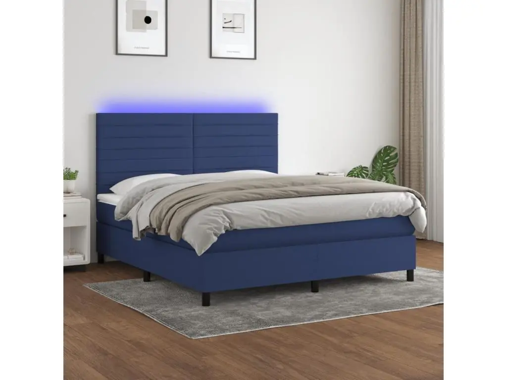 Clicnbuy Sommier tapissier avec matelas et LED Bleu 160x200 cm Tissu