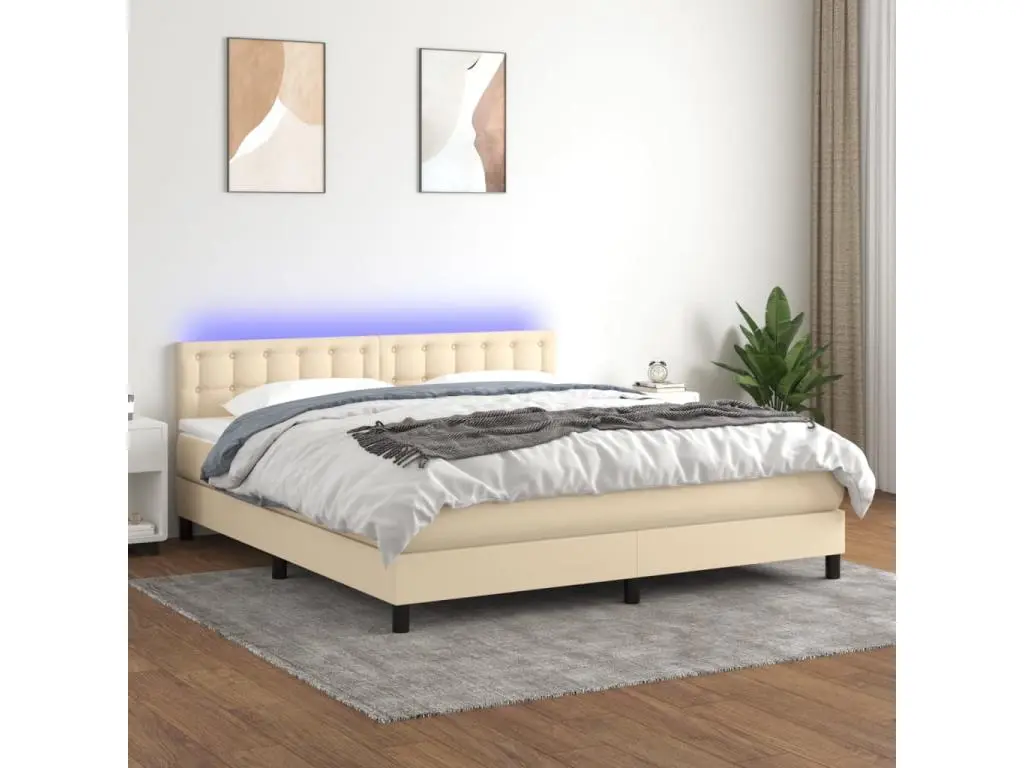 Clicnbuy Sommier tapissier avec matelas et LED Crème 160x200 cm Tissu