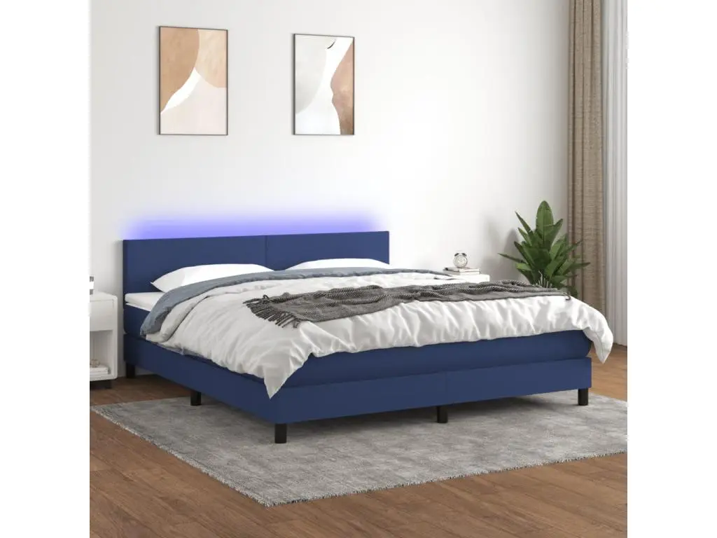 Clicnbuy Sommier tapissier avec matelas et LED Bleu 160x200 cm Tissu