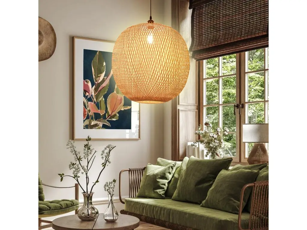 Arturesthome lustre en bambou plafonnier pour le salon lustre tressé à la main convient pour les scènes de vie dans la cuisine et le salon lustre d 55cm x h 55cm