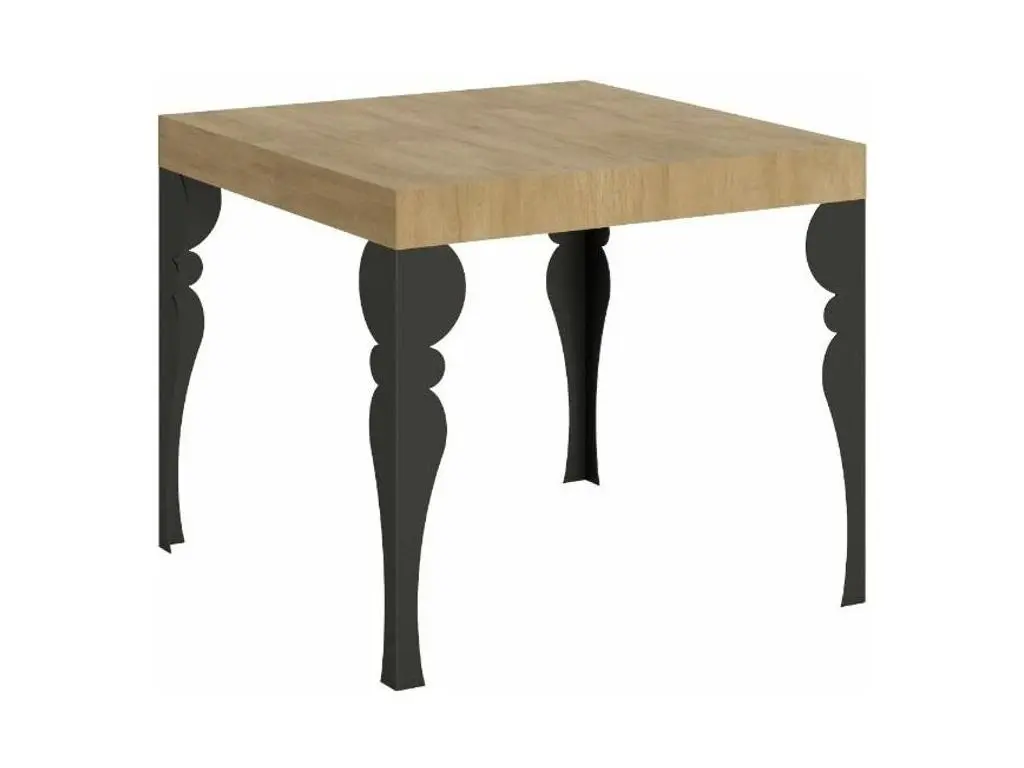 Petite table carrée 90-90cm extensible 10 personnes 90 à 246cm bois naturel et pieds gris foncé Kalane