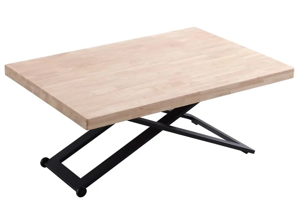Table basse relevable de salon en bois de chêne naturel avec pieds en métal noir-Longueur 120 x Profondeur 80 x Hauteur 49-76 cm