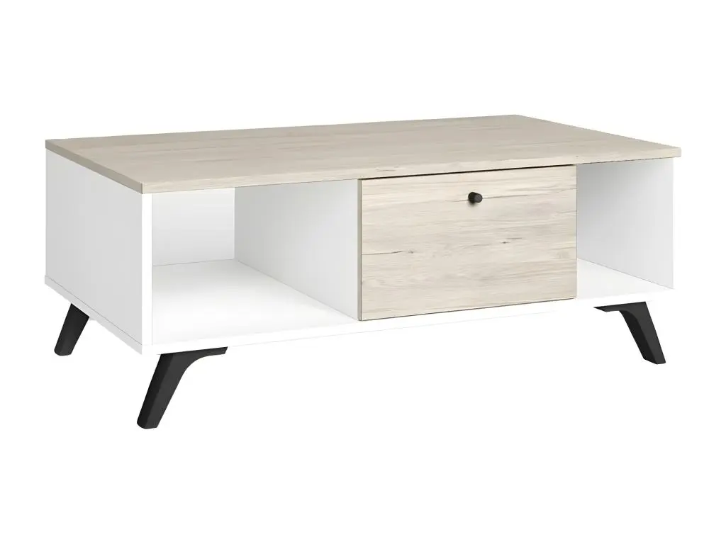 CLARIO - Table Basse 1 Tiroir 2 Niches Effet Bois Clair et Blanc Mat