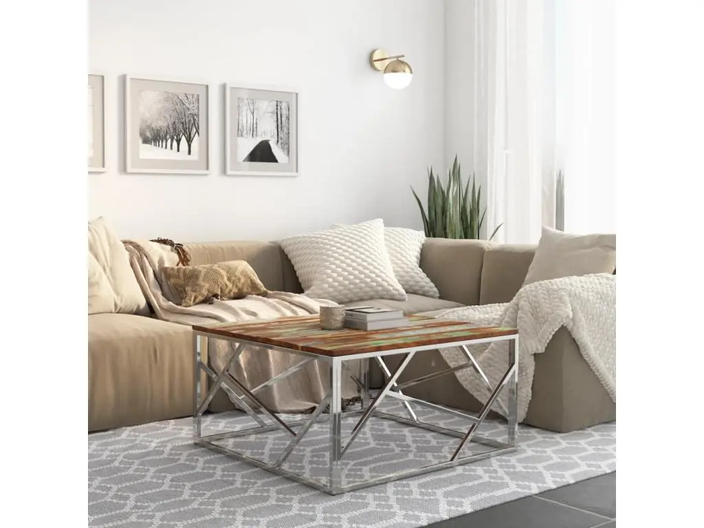 vidaxl Table basse argenté inox et bois de récupération massif