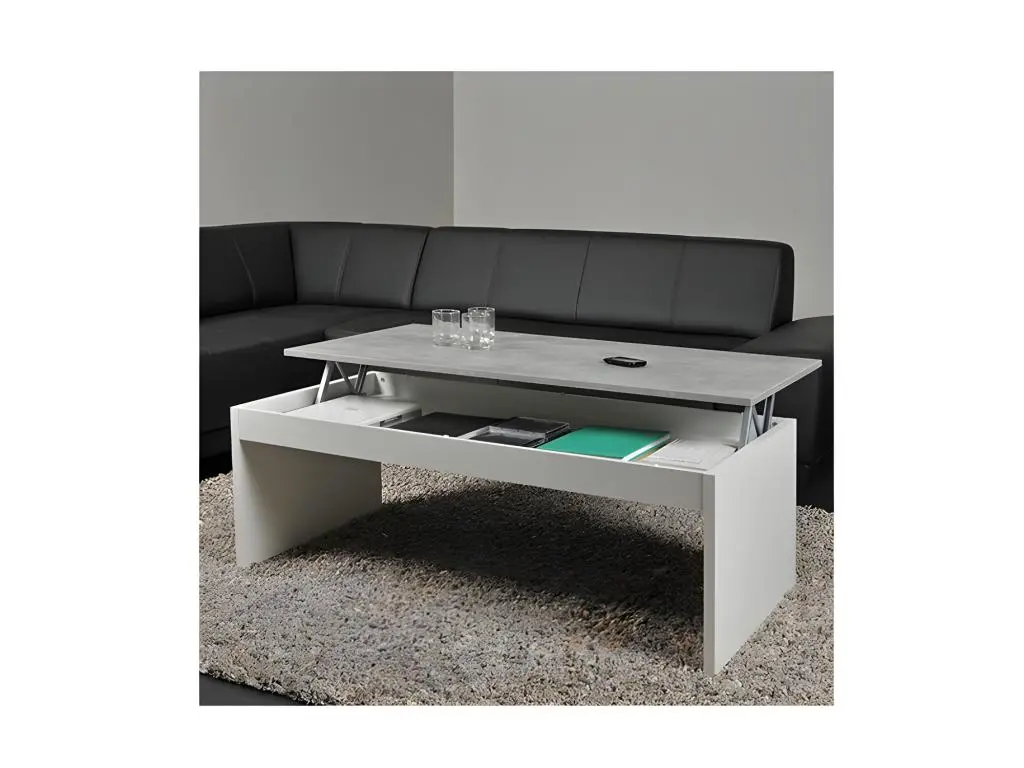 Table basse 120cm plateau relevable Darwin Blanche et béton