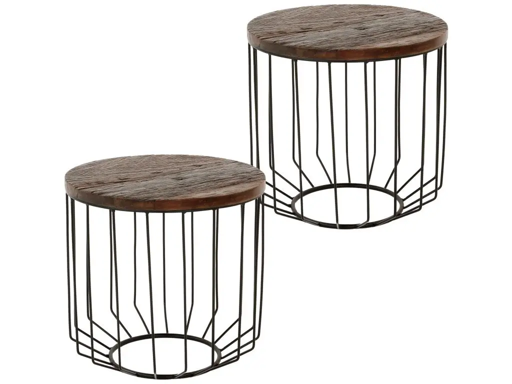 2x Table d'appoint bois ancien avec cadre métallique Ø 50 cm