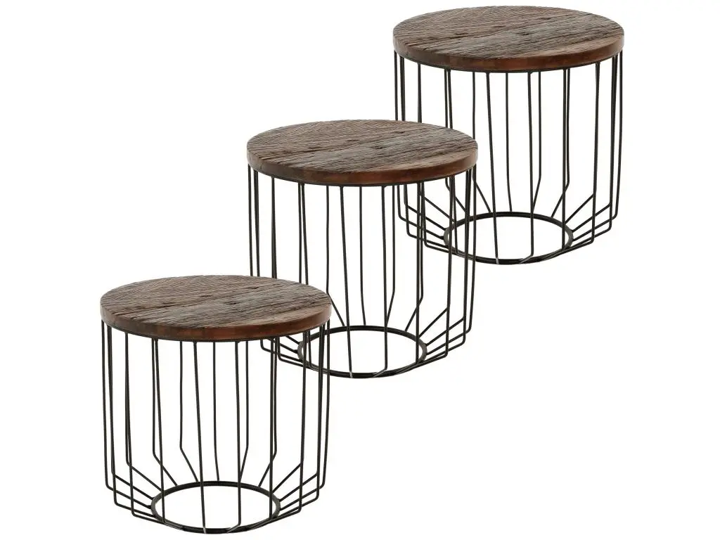 3x Table d'appoint bois ancien avec cadre métallique Ø 50 cm