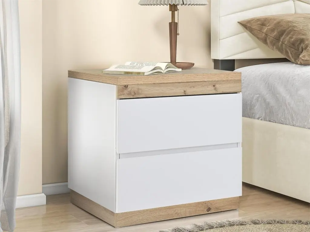 Table de chevet avec 2 tiroirs - Style scandinave - Blanc