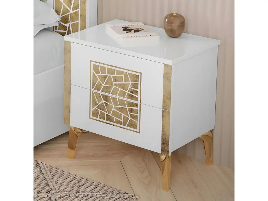 Table de chevet 2 tiroirs Blanc brillant/Or - NAHESA - L 52 x l 37 x H 54 cm