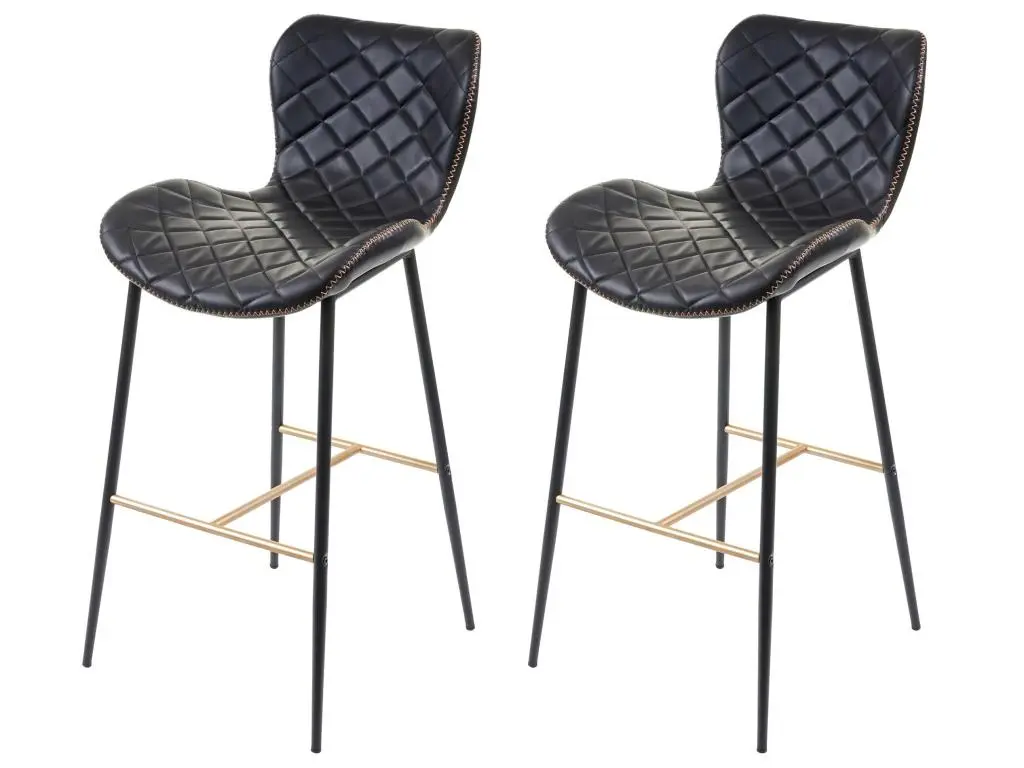 2x tabouret de bar HWC-E55, chaise de bar/comptoir, vintage, haubans dorés - similicuir noir
