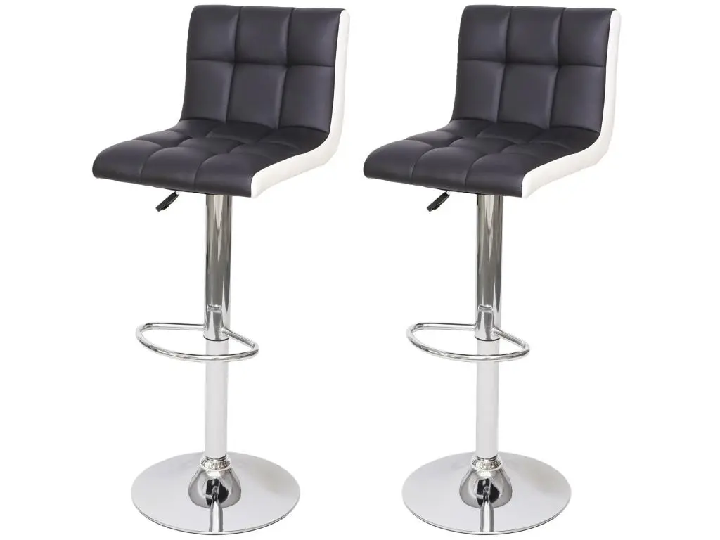 2x Tabouret de bar HWC-G87, chaise bar/comptoir, réglable en hauteur - similicuir noir-blanc, pied chromé