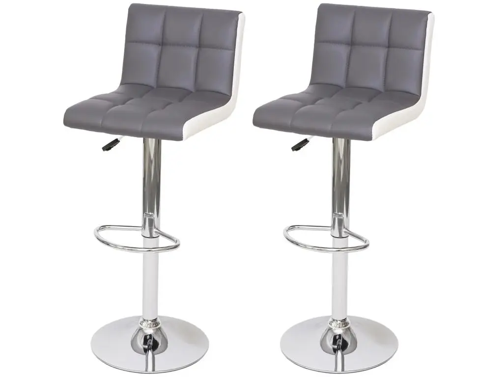 2x Tabouret de bar HWC-G87, chaise bar/comptoir, réglable en hauteur - similicuir gris-blanc, pied chromé