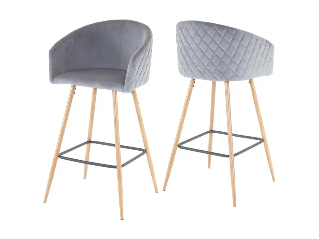 2x tabouret de bar HWC-D72, chaise bar/comptoir, avec dossier, tissu - velours, gris