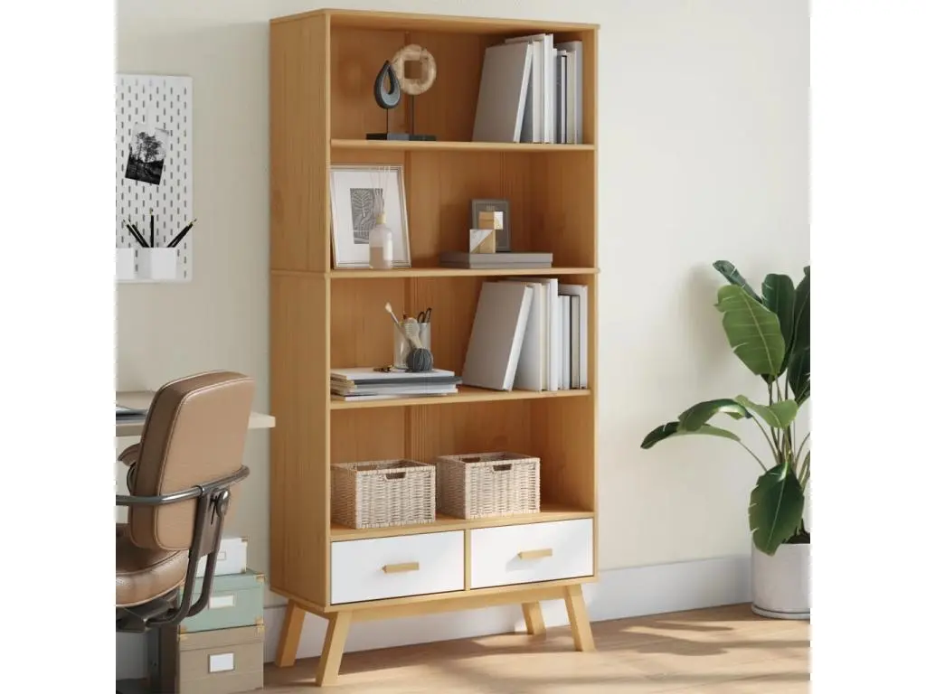 Bibliothèque à 4 niveaux OLDEN blanc marron bois de pin massif